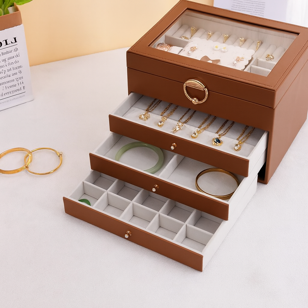 Boite a Bijoux 3 Tiroirs en Cuir