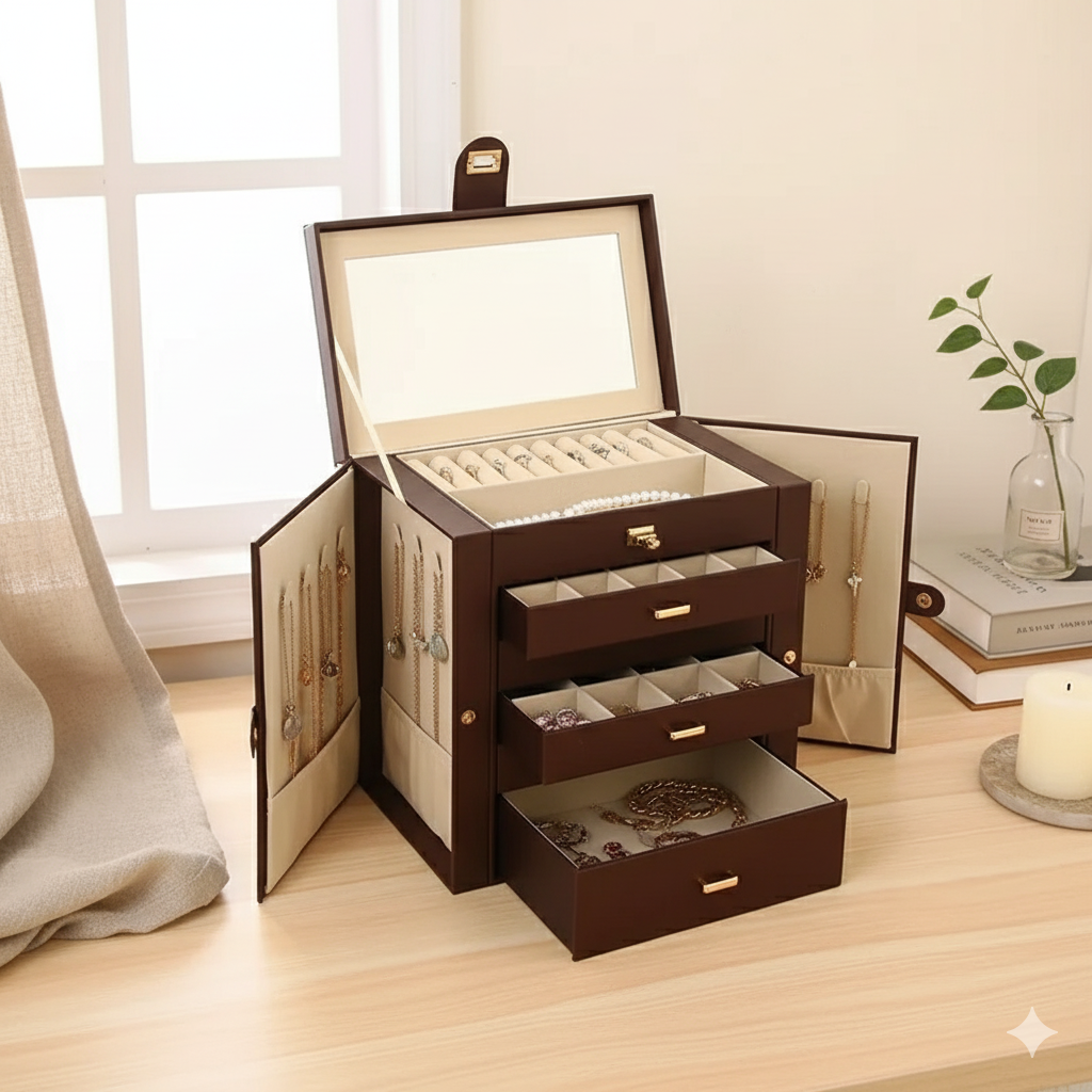Boîte À Bijoux Avec Miroir 5 Compartiments