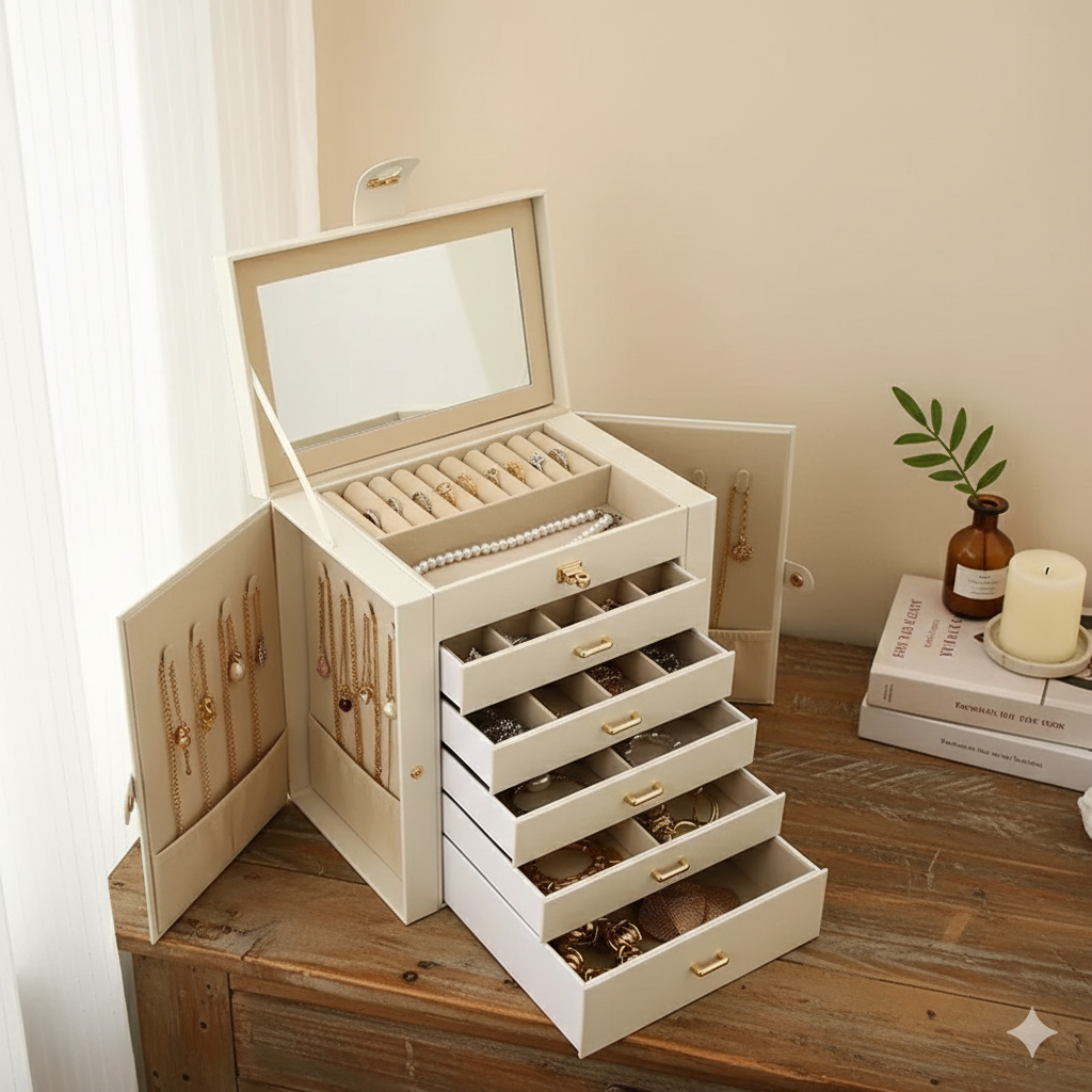 Boîte À Bijoux Avec Miroir 5 Compartiments